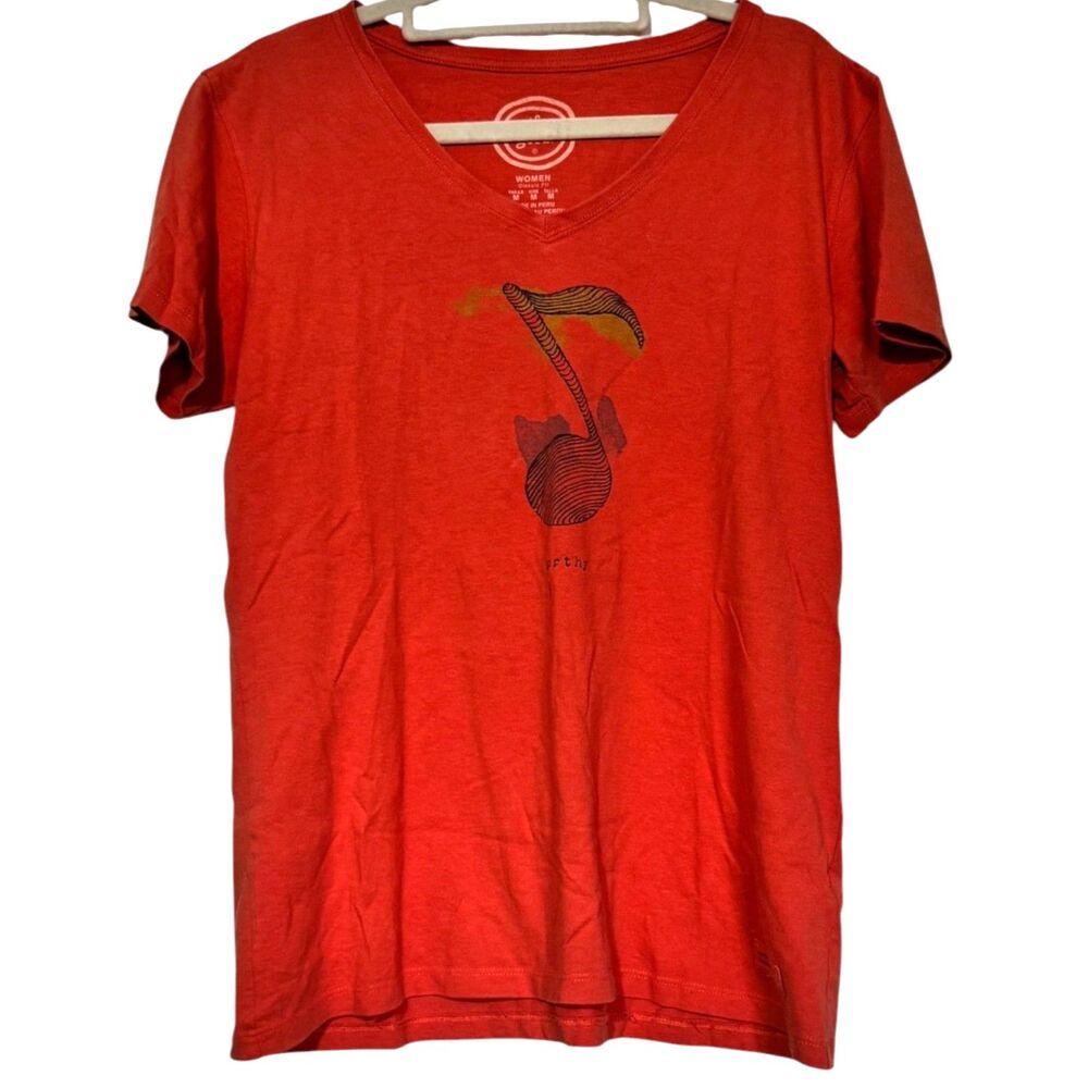 Life Is Good Worthy Music Note Graphic Tee Coral V-Neck Classic Fit Size M